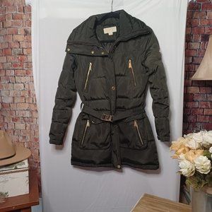 Michael Kors Dark Green XS Puffer Coat with Belt and Zippered Pockets
